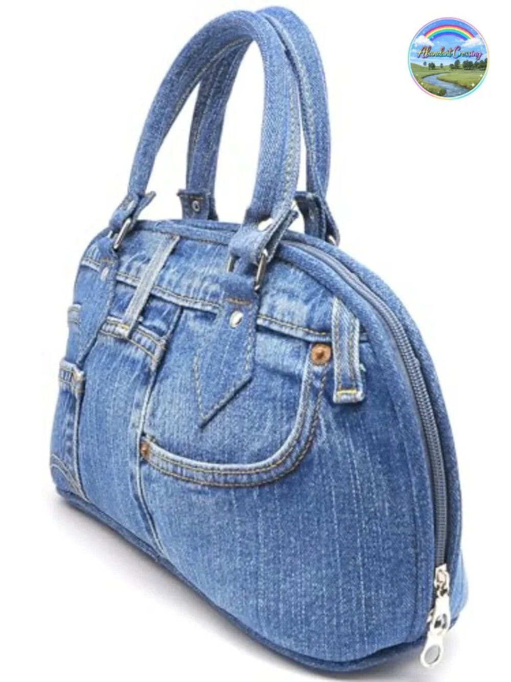 Upcycled Denim Curved Satchel Top Handle Handbag Purse